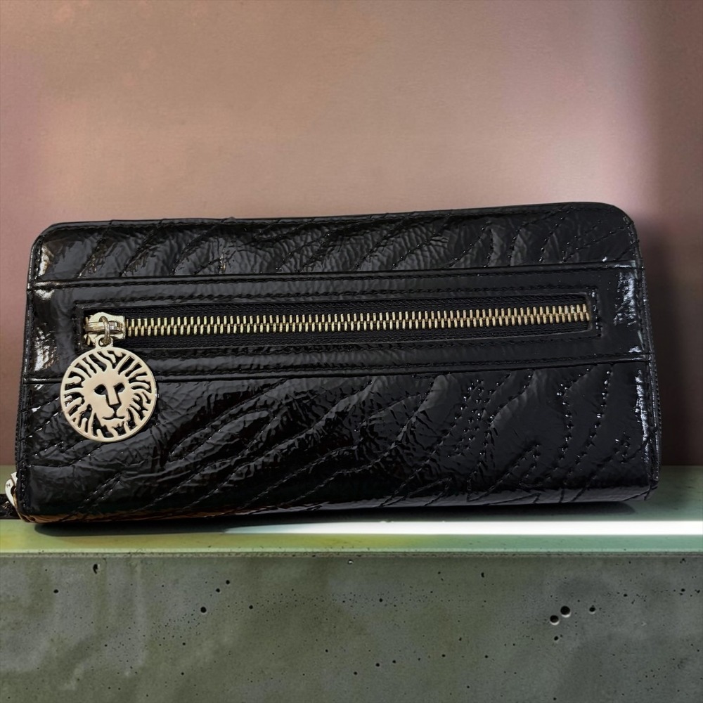 Anne Klein Black Patent Zebra Embossed Zip Around Wallet Lion Logo Charm